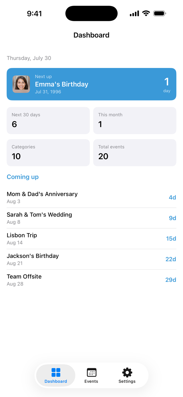 The Days Gone By dashboard showing the next event and a coming-up list