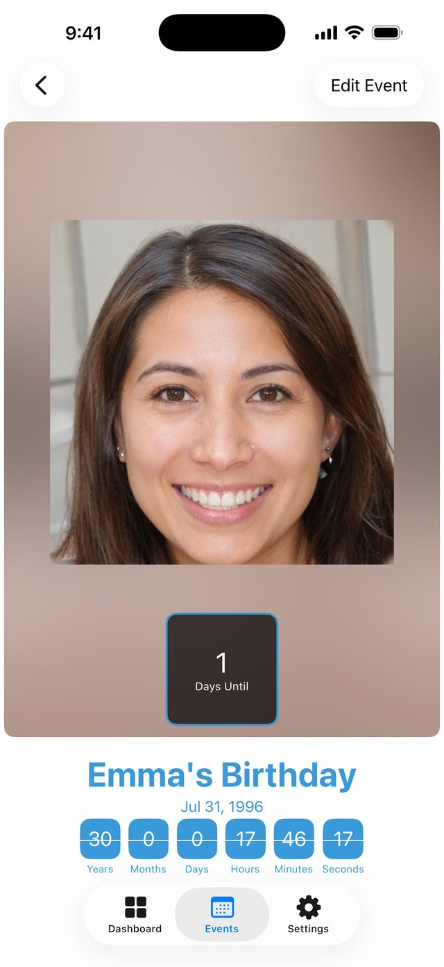 An event detail screen with a photo and a live countdown