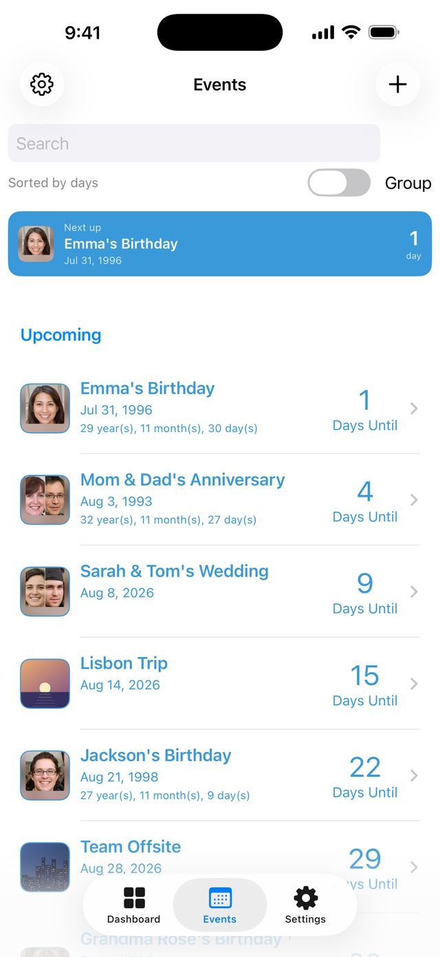 A list of upcoming events grouped by month
